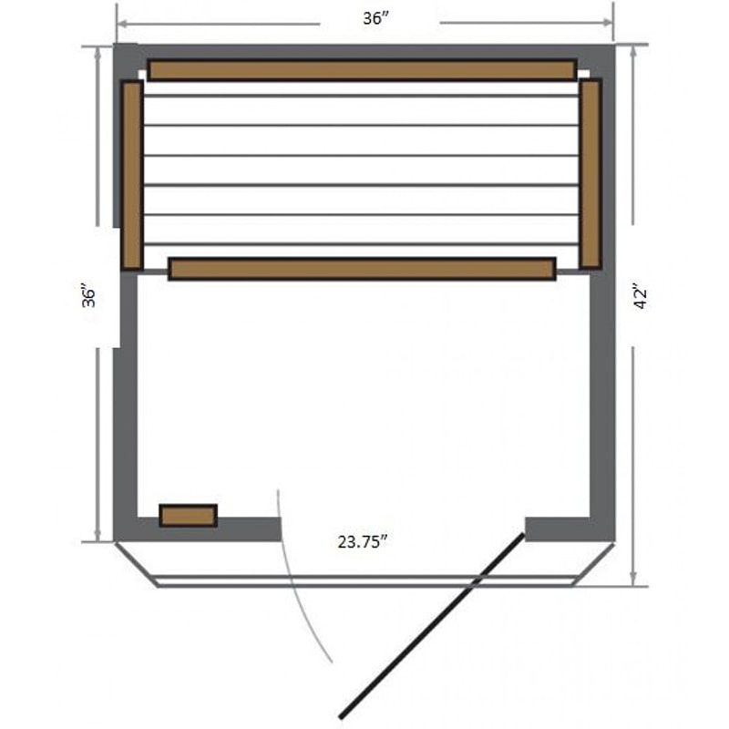 A diagram showing the dimensions of a SunRay Saunas wooden shed equipped with SunRay Barrett 1 Person Infrared Sauna HL100K2 carbon-nano heaters.