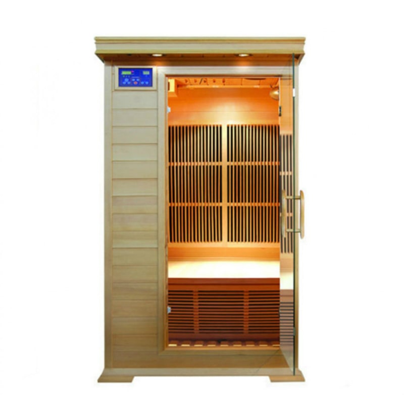 A SunRay Saunas Barrett HL100K2 infrared sauna, equipped with carbon-nano heaters, set against a pristine white background.