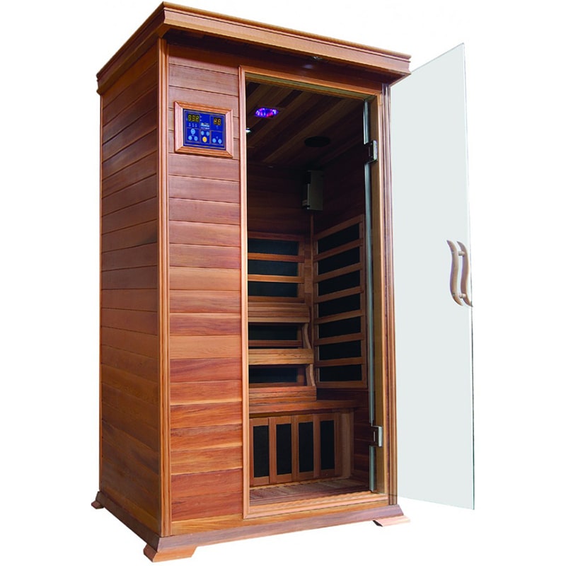 The SunRay Saunas Sedona HL100K is an infrared sauna equipped with a glass door. 

Revised sentence: The SunRay Sedona 1-Person Infrared Sauna HL100K, manufactured by SunRay Saunas, is equipped with a glass door.