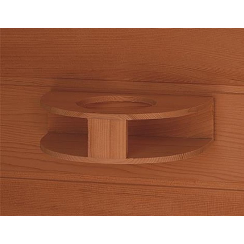 An elegant wooden shelf designed to perfectly display your SunRay Saunas infrared sauna, specifically the SunRay Sedona 1-Person Infrared Sauna HL100K.