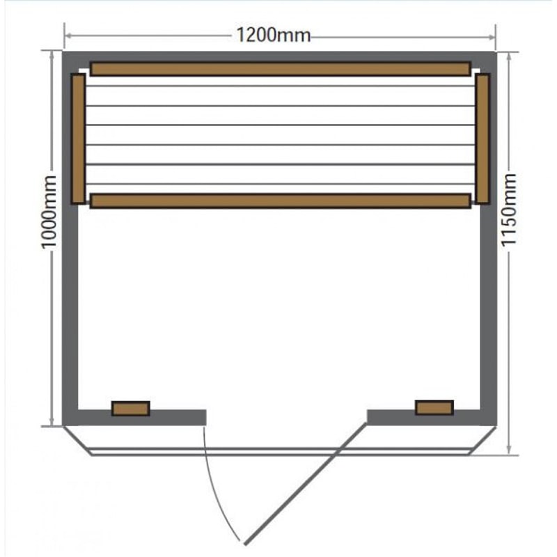 A diagram showing the measurements of a SunRay Evansport 2 Person Infrared Sauna HL200K2 wooden shed.