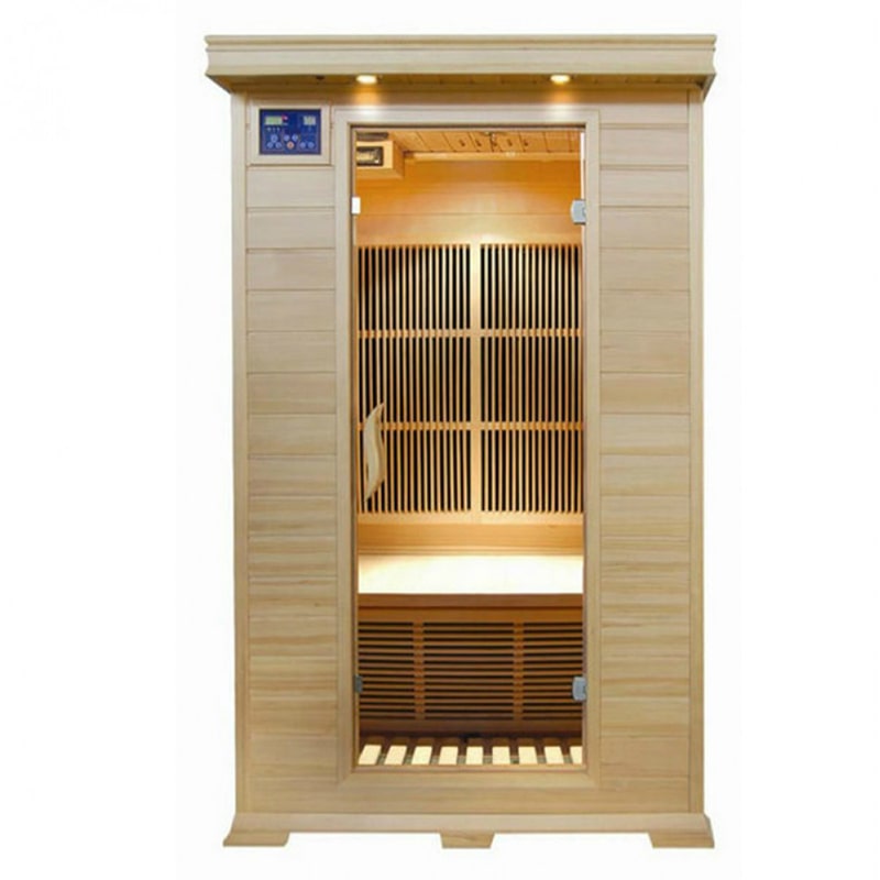 The SunRay Evansport HL200K2 infrared sauna features a wooden door, offering a luxurious and natural ambiance.