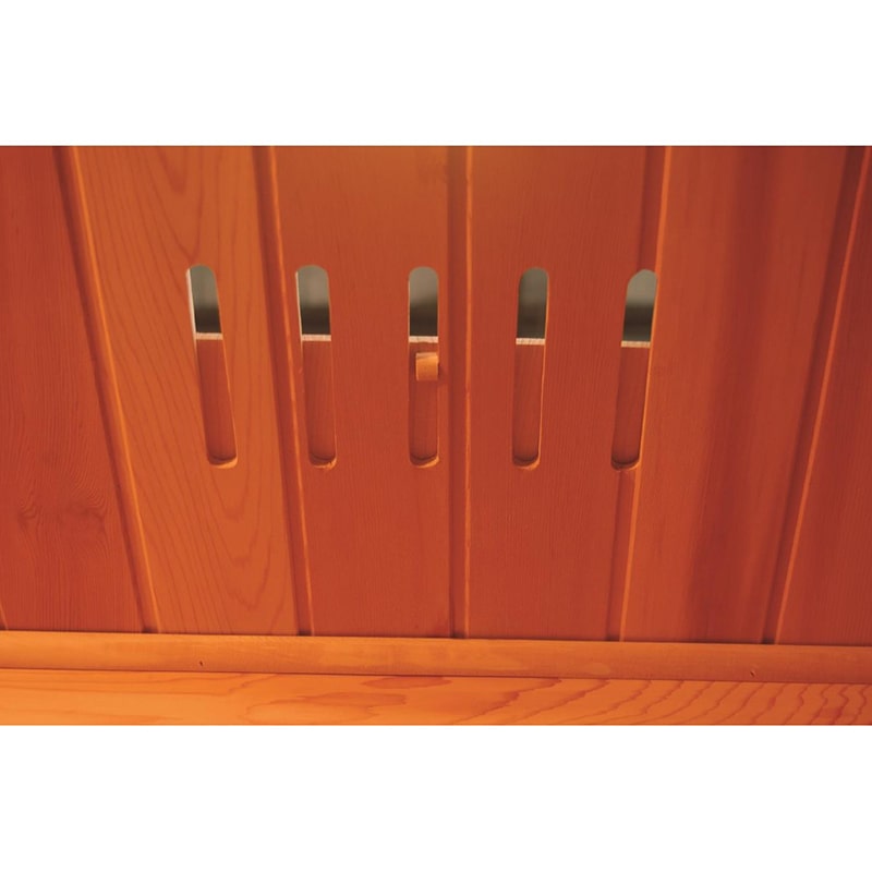 A close up of a SunRay Saunas wooden door leading to a SunRay Burlington 2 Person Outdoor Infrared Sauna HL200D.