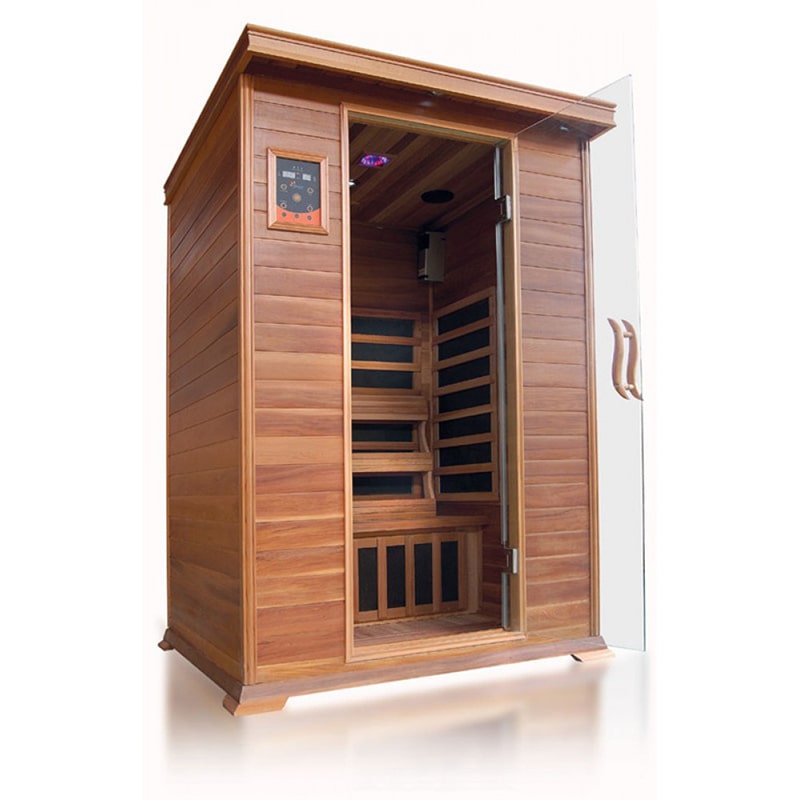 A SunRay Sierra 2 Person Infrared Sauna HL200K made of cedar wood, with the door open.