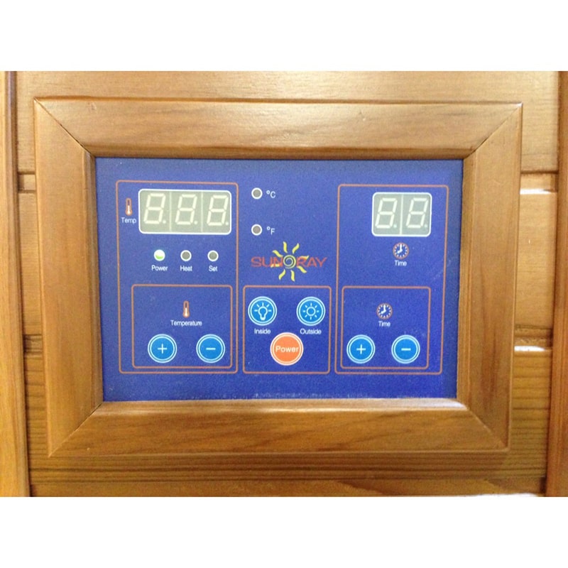 A SunRay Sierra 2 Person Infrared Sauna HL200K with a wooden frame.
