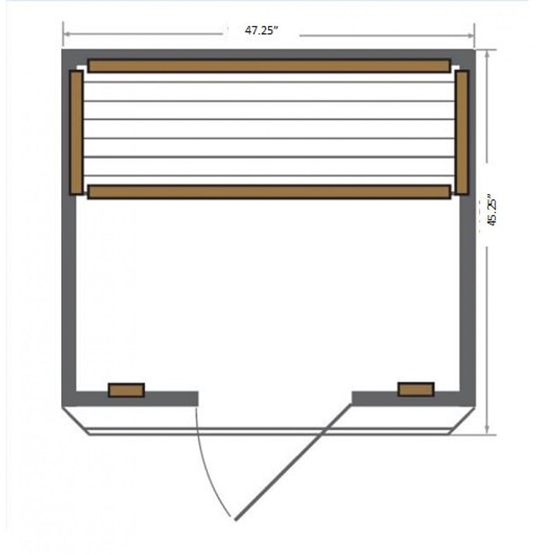 A drawing showing the dimensions of a small shed made of SunRay Sierra 2 Person Infrared Sauna HL200K, by SunRay Saunas.