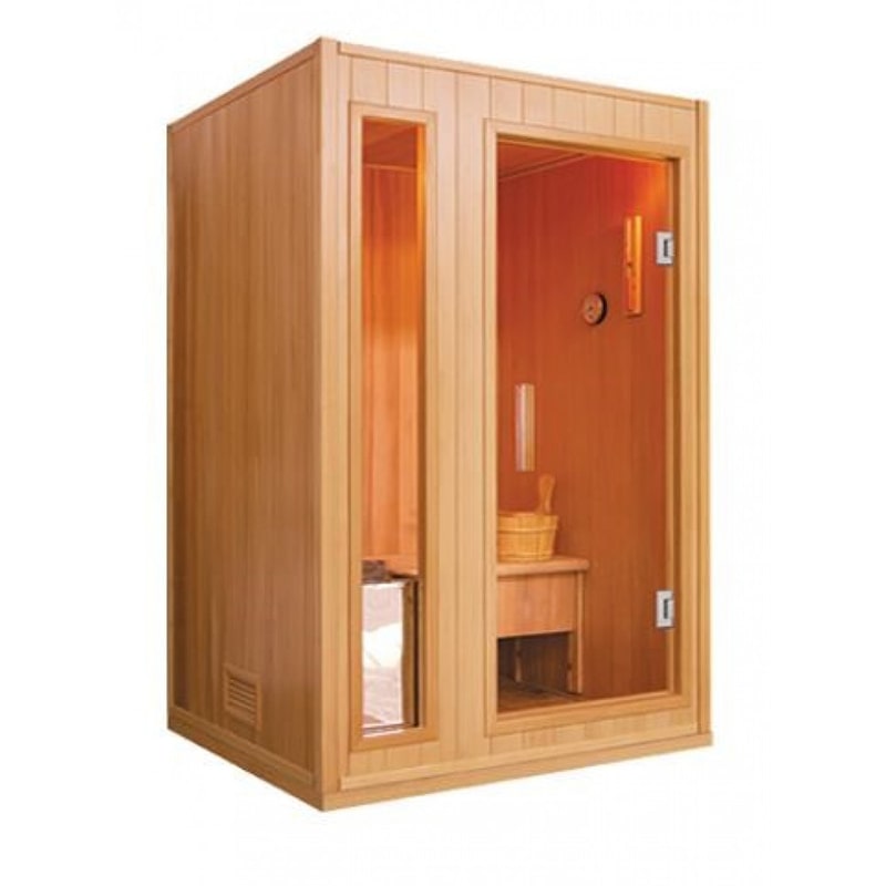 A SunRay Saunas traditional sauna with a glass door, suitable for 2-person use, named the SunRay Baldwin 2 Person Traditional Sauna HL200SN.