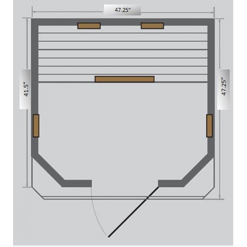 A floor plan for a small room featuring the SunRay Heathrow 2 Person Infrared Sauna HL200W from SunRay Saunas.