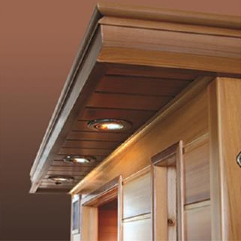 An image of a SunRay Heathrow 2 Person Infrared Sauna HL200W with a wooden ceiling.