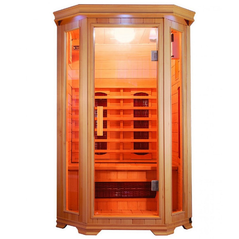 A SunRay Saunas infrared sauna with a glass door, featuring the SunRay Heathrow 2 Person Infrared Sauna HL200W technology.