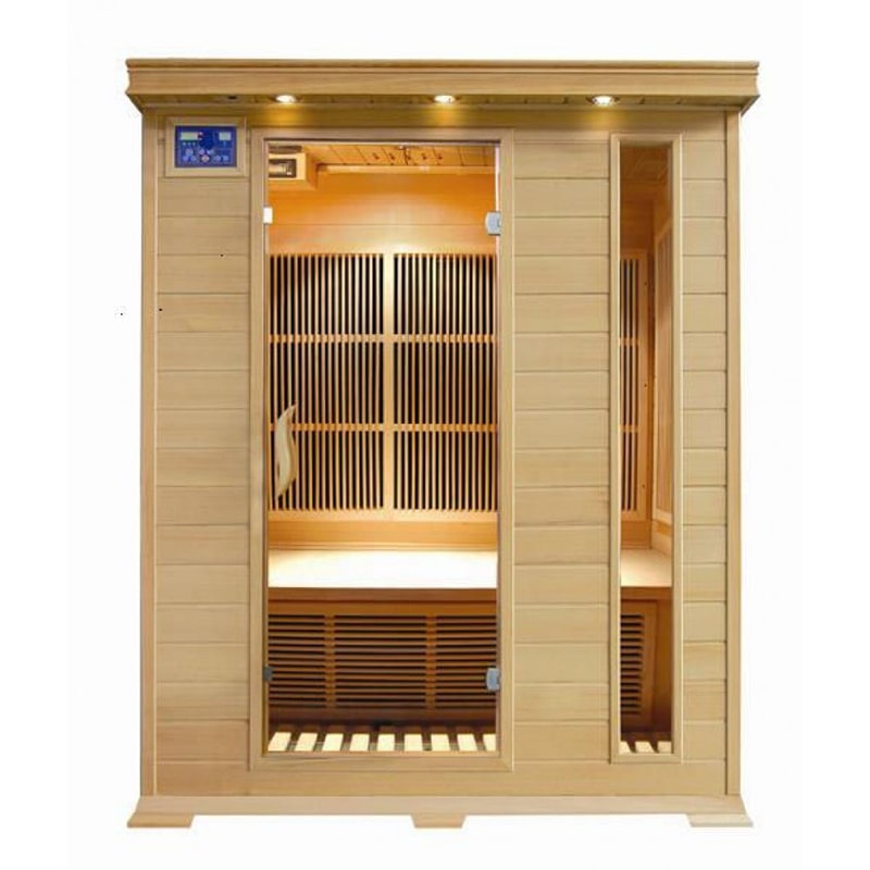 A SunRay Saunas Hemlock wood infrared sauna with carbon heaters and two doors