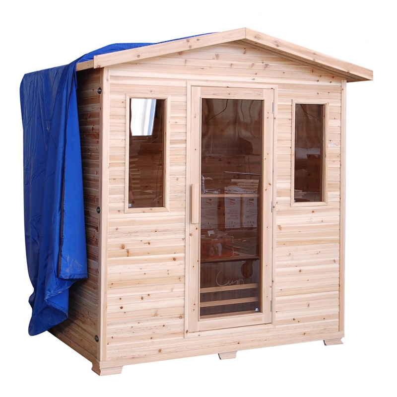 An outdoor SunRay Grandby 3 Person Outdoor Infrared Sauna HL300D made of Canadian hemlock wood, featuring ceramic heaters.