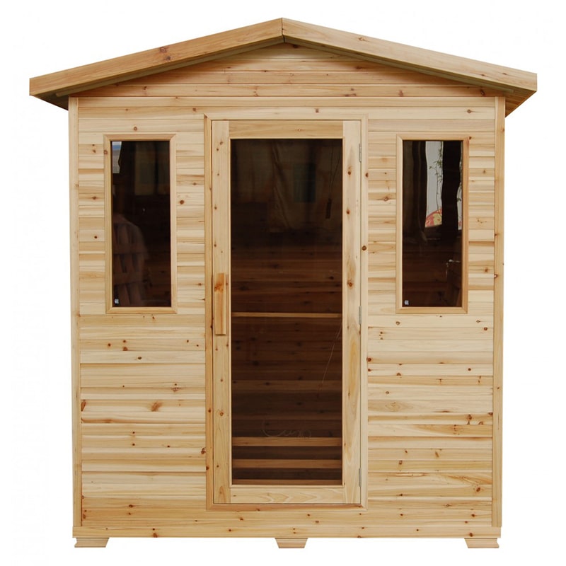A SunRay Grandby 3 Person Outdoor Infrared Sauna HL300D with glass doors and ceramic heaters.