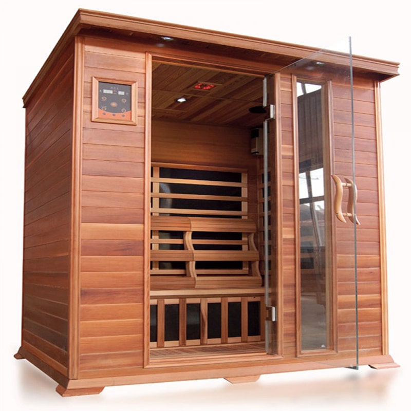 The SunRay Saunas Savannah 3 Person Infrared Sauna HL300K2 is a wooden infrared sauna with glass doors, featuring carbon nano heaters.
