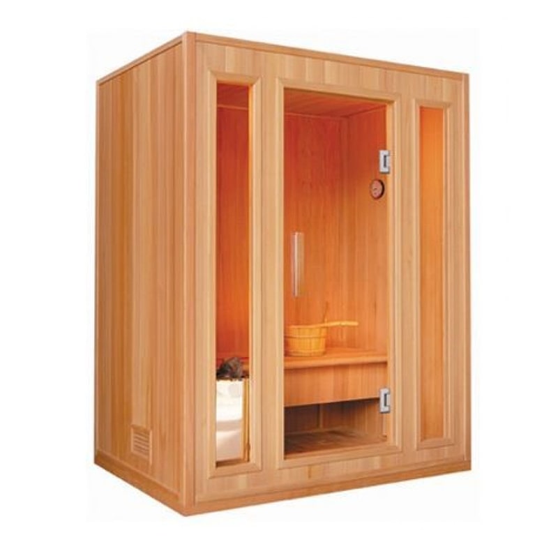 A SunRay Southport 3 Person Traditional Sauna HL300SN with a wooden door.