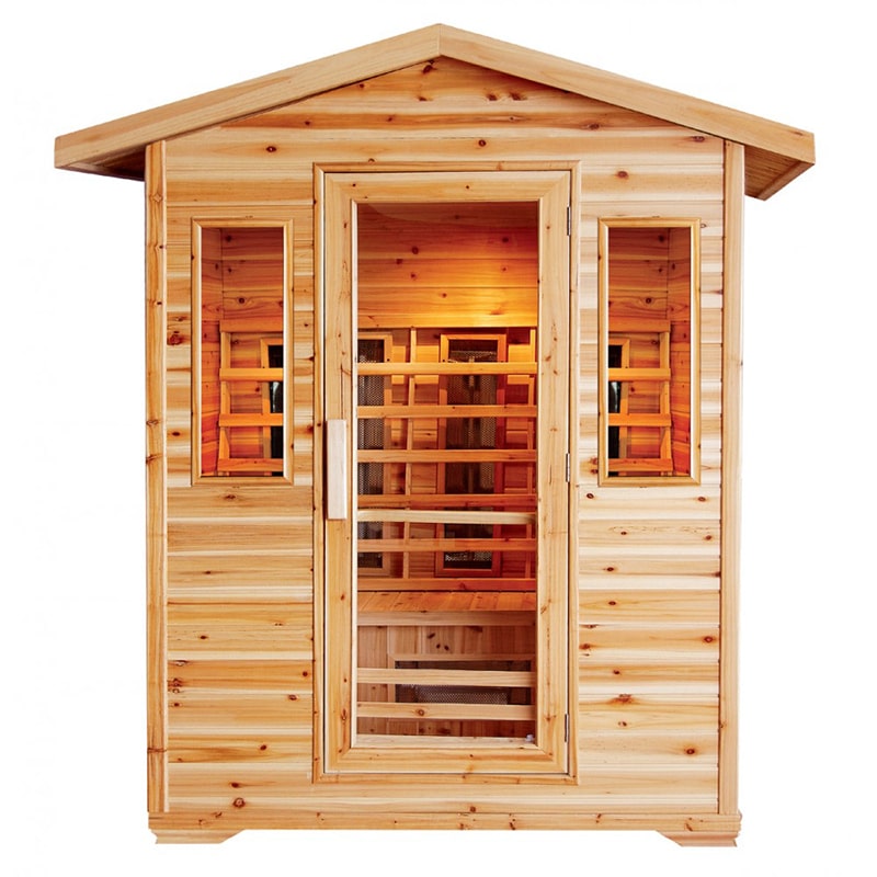 A SunRay Saunas Cayenne 4 Person Outdoor Infrared Sauna HL400D made of Canadian hemlock wood with glass doors.