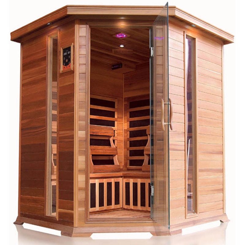 A SunRay Bristol Bay 4 Person Infrared Sauna HL400KC with glass doors, perfect for relaxation.