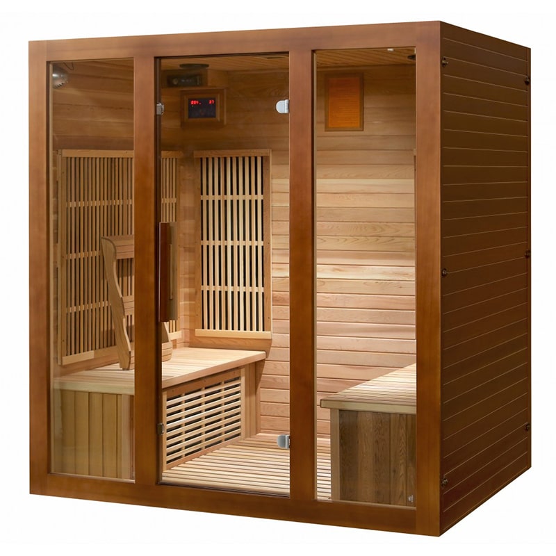 The SunRay Saunas Roslyn 4 Person Infrared Sauna HL400KS is a relaxing wooden infrared sauna featuring a glass door.