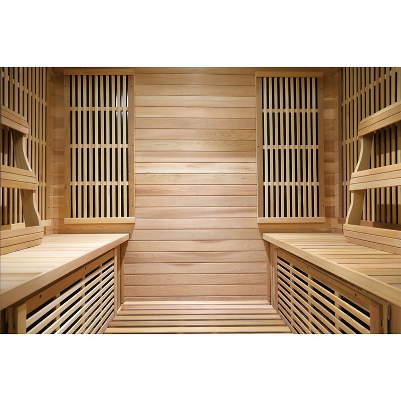 The SunRay Saunas SunRay Roslyn 4 Person Infrared Sauna HL400KS offers relaxation on its cozy wooden benches.