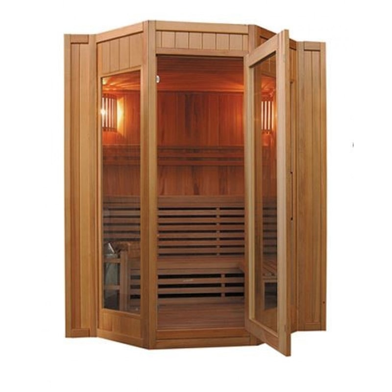 A SunRay Tiburon 4 Person Traditional Sauna HL400SN with a wooden door.