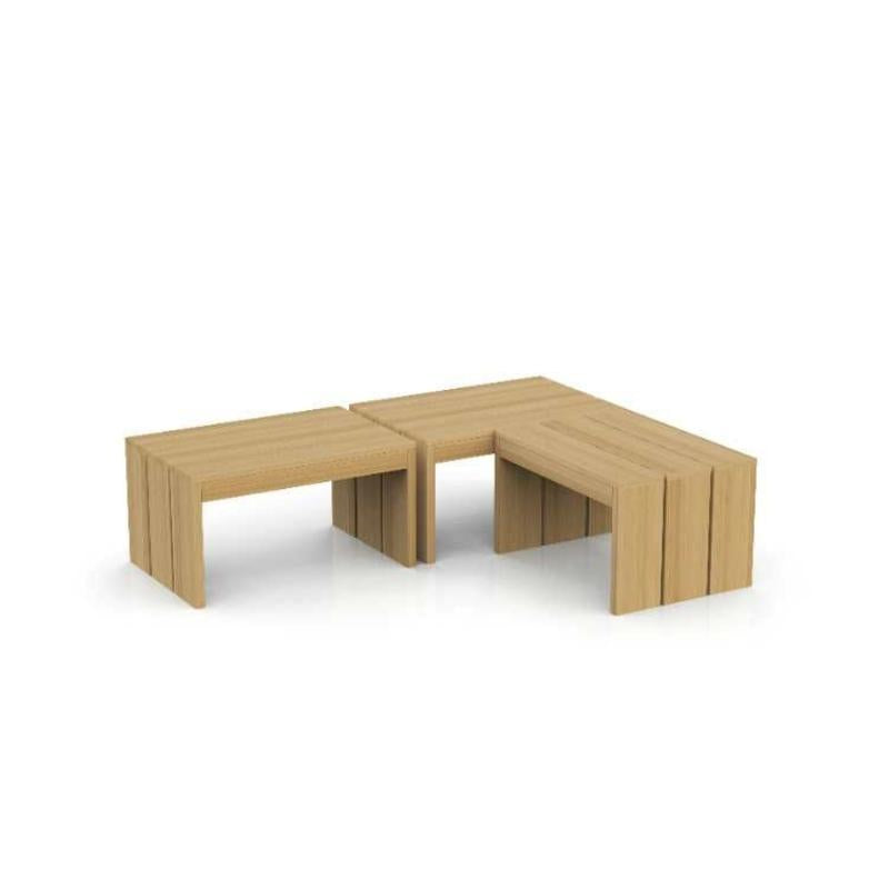 A set of three Dynamic Saunas wooden tables on a white background.