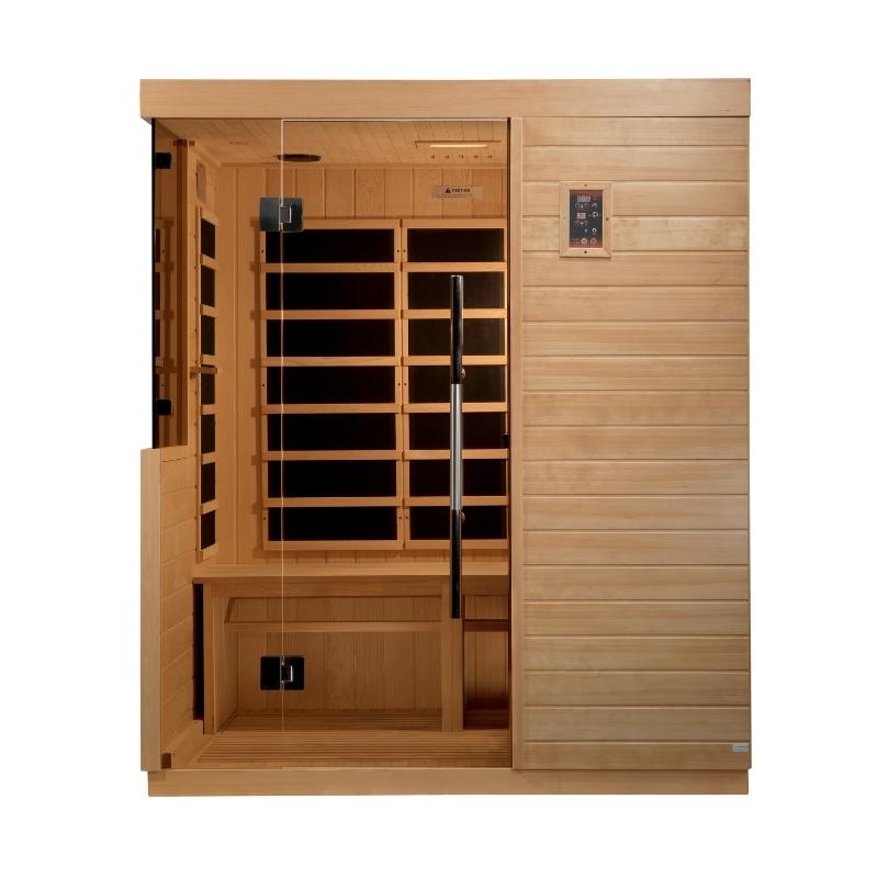 An Dynamic Bilbao 3-Person Ultra Low EMF Far Infrared Sauna with glass doors, made by Dynamic Saunas.