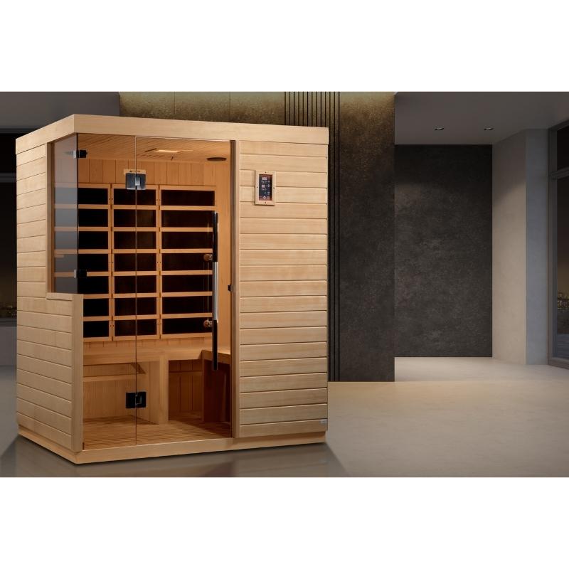 A Dynamic Bilbao 3-Person Ultra Low EMF Far Infrared Sauna in a room.