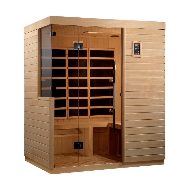 A Dynamic Bilbao 3-Person Ultra Low EMF Far Infrared Sauna with a glass door.
