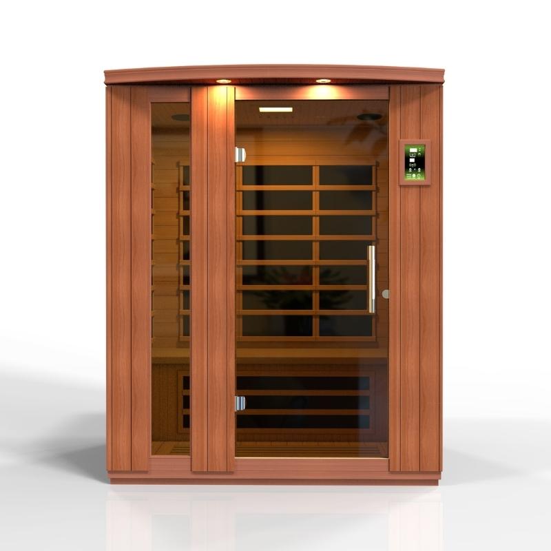 A Dynamic Saunas Lugano Elite 3-Person Ultra Low EMF Far Infrared Sauna with a wooden door designed to emit low EMF.