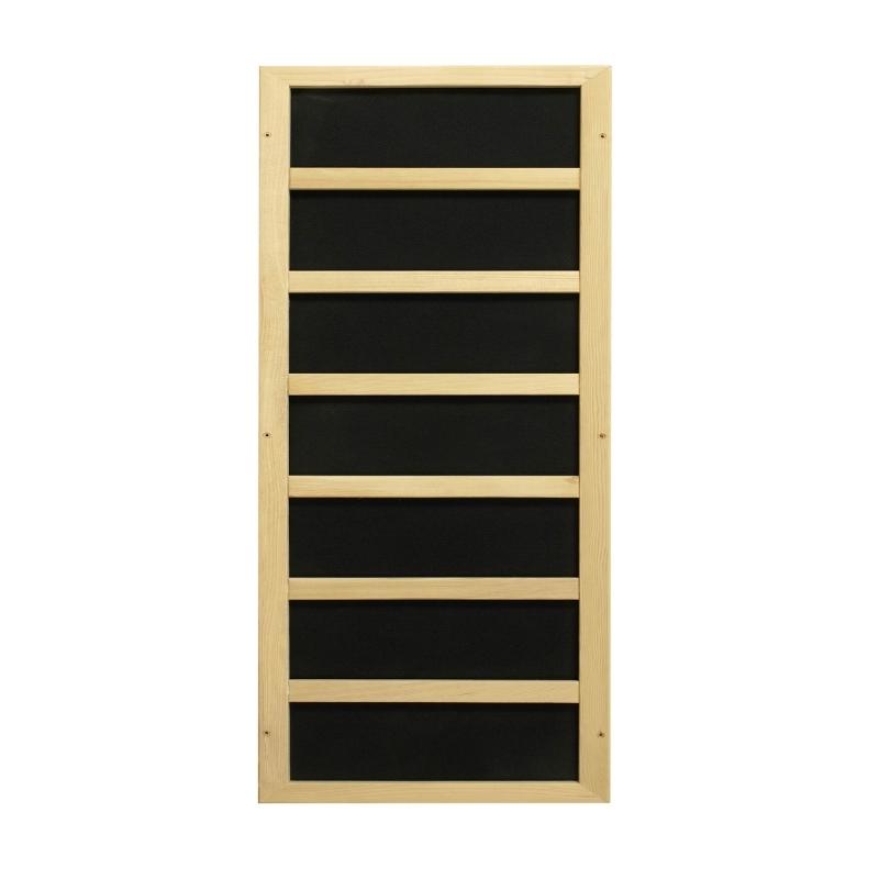 A Dynamic Saunas Lugano Elite 3-Person Ultra Low EMF Far Infrared Sauna, a wooden sauna board with black infrared boards on it, designed to emit low EMF.