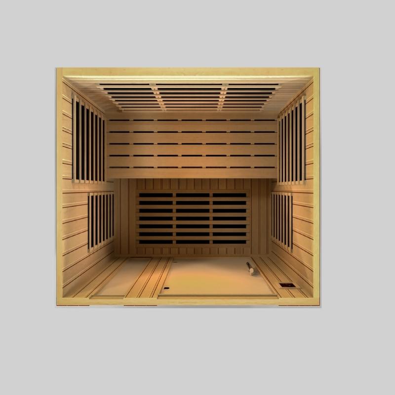 Step into the tranquil environment of a Dynamic Sauna's Dynamic Lugano Elite 3-Person Ultra Low EMF Far Infrared Sauna featuring low EMF technology. Experience the soothing benefits of infrared heat as it envelops your body, promoting relaxation and detoxification.