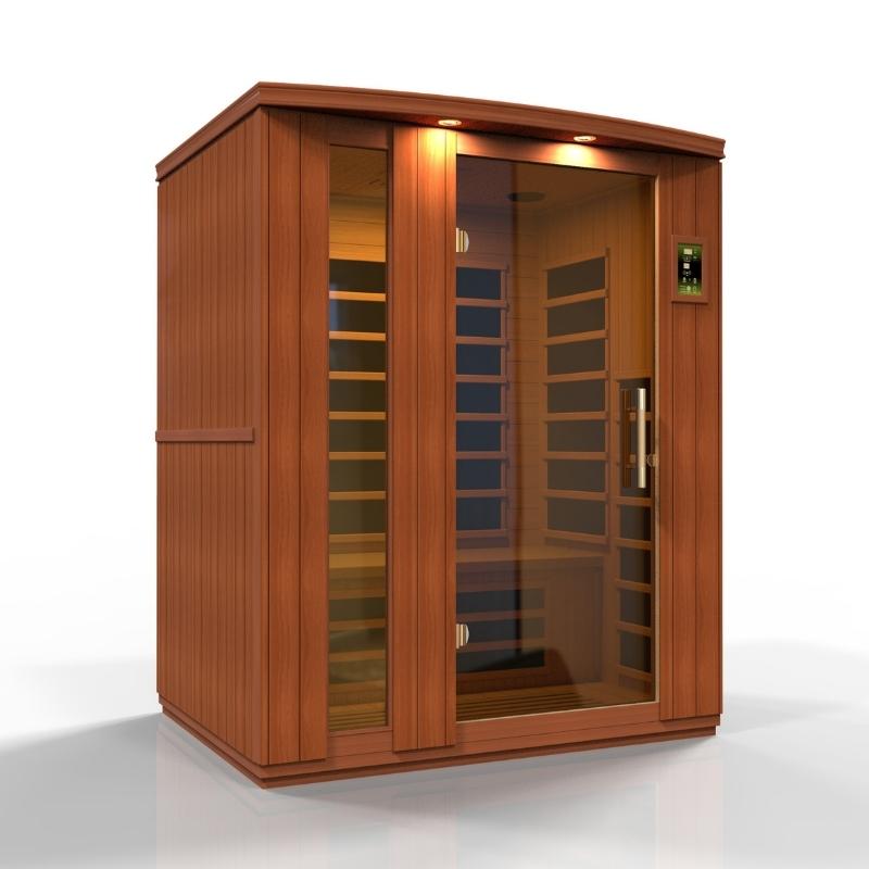 A Dynamic Saunas Lugano Elite 3-Person Ultra Low EMF Far Infrared Sauna with glass doors that emits low EMF levels.