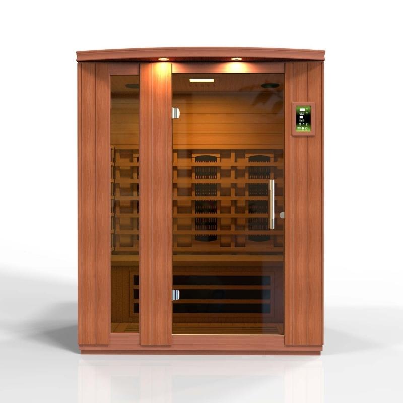 A Dynamic Saunas Lugano 3-Person Full Spectrum Near Zero EMF Far Infrared Sauna with glass doors.