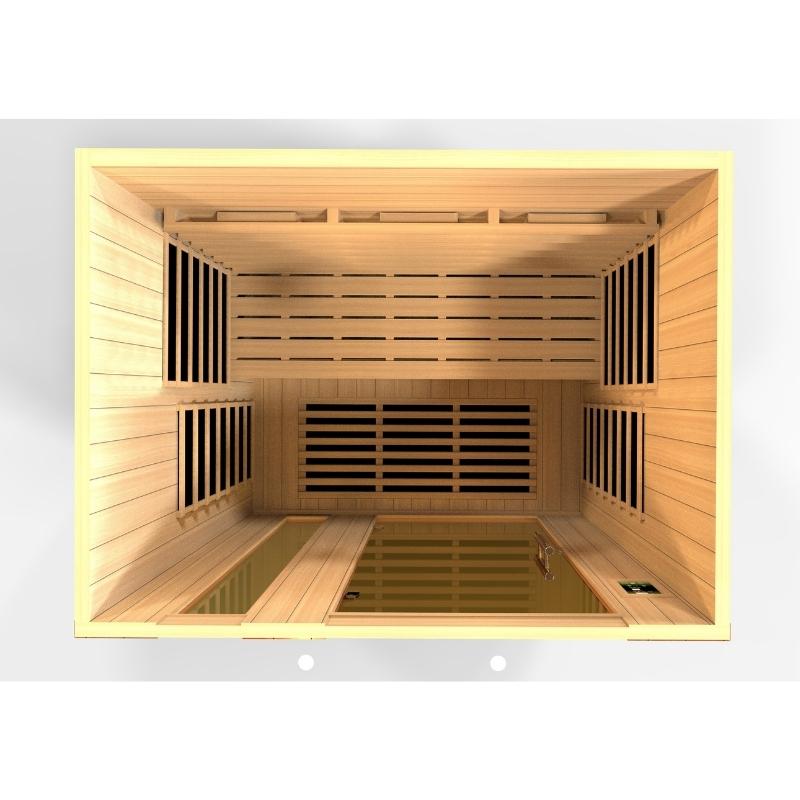 Explore the soothing ambiance and health benefits of a Dynamic Lugano 3-Person Full Spectrum Near Zero EMF Far Infrared Sauna by Dynamic Saunas.